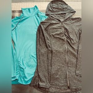 Set of 2 Athleta Womens Heather Gray Full Zip Hood Jacket & Aqua pullover Size M